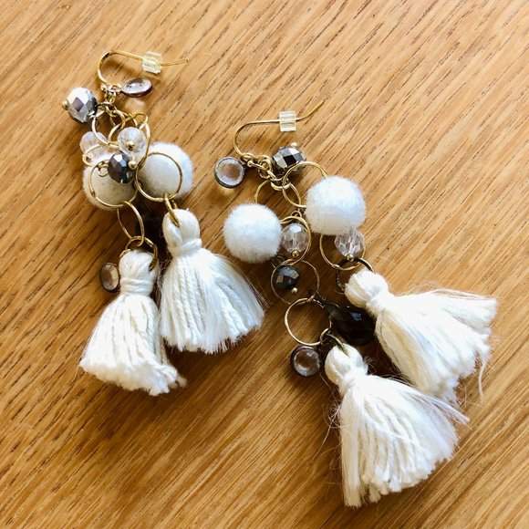 Anthropologie Jewelry - Anthropologie Tassel Pom-Pom Crystal Drop Chandelier Statement Earrings